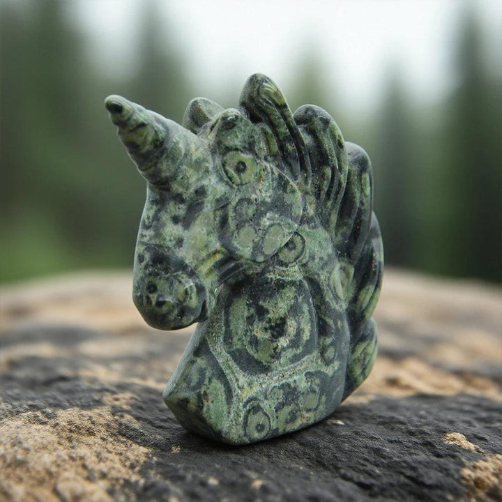 Hand-carved 51mm green crystal unicorn figurine, a mystical stone statue for healing, peace, and chakra energy.