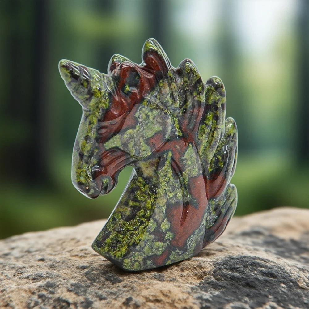 51mm hand-carved Dragon Blood Jasper unicorn figurine, a polished crystal statue for healing and chakra balance.