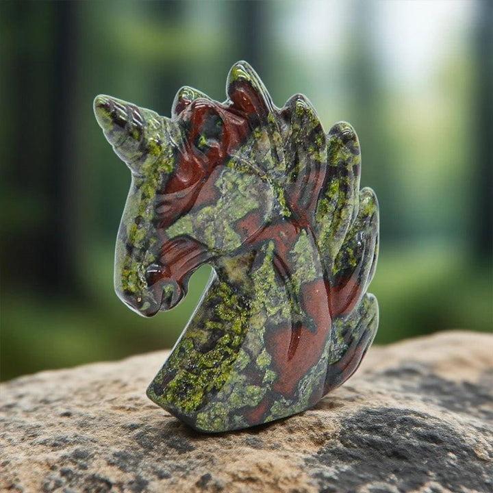 51mm hand-carved Dragon Blood Jasper unicorn figurine, a polished crystal statue for healing and chakra balance.