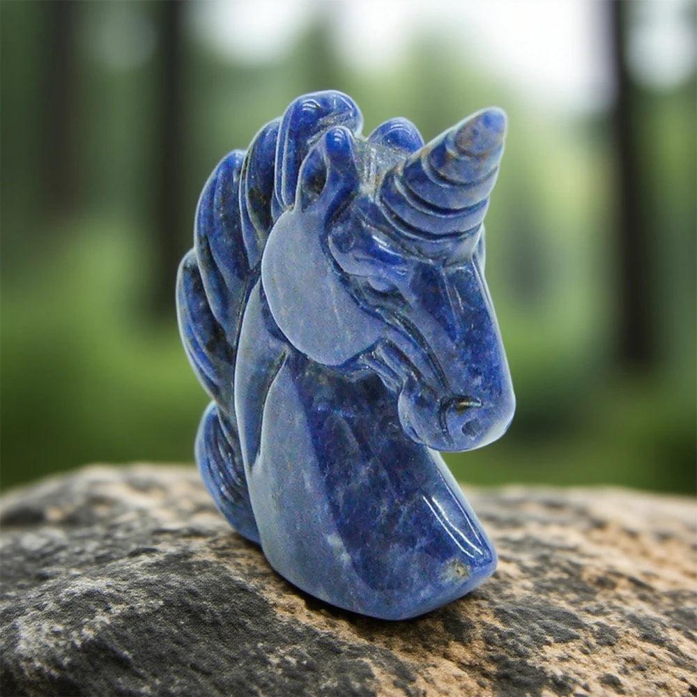 51mm hand-carved Lapis Lazuli unicorn figurine, a polished blue crystal statue for healing and peaceful energy.