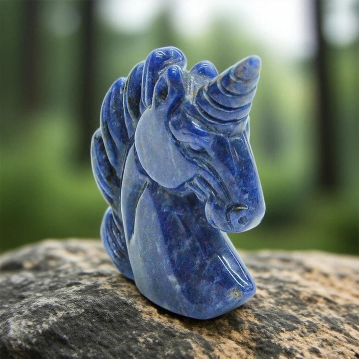 51mm hand-carved Lapis Lazuli unicorn figurine, a polished blue crystal statue for healing and peaceful energy.