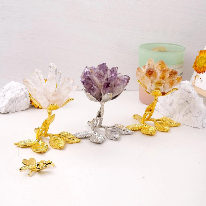 Raw Amethyst, Citrine, and Clear Quartz crystal cluster flower trees with gold and silver bases, radiating healing energy.