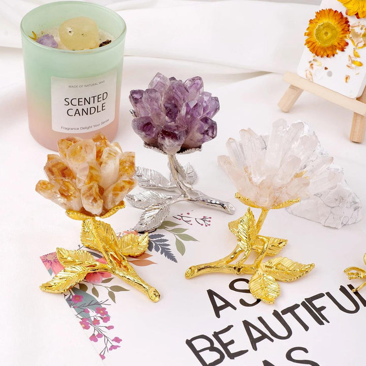 Raw crystal cluster flower trees: Amethyst, Citrine, and Clear Quartz on gold and silver leaf stands. Healing, abundance, manifestation.