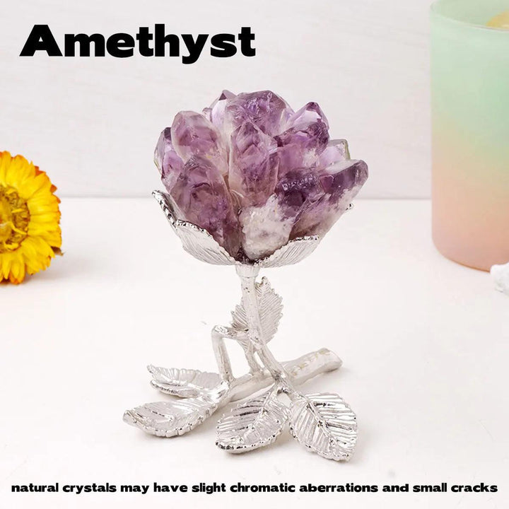 Amethyst Crystal Cluster Flower Tree Raw Stone Ornament, a beautiful purple raw crystal cluster on a silver-toned leaf base.