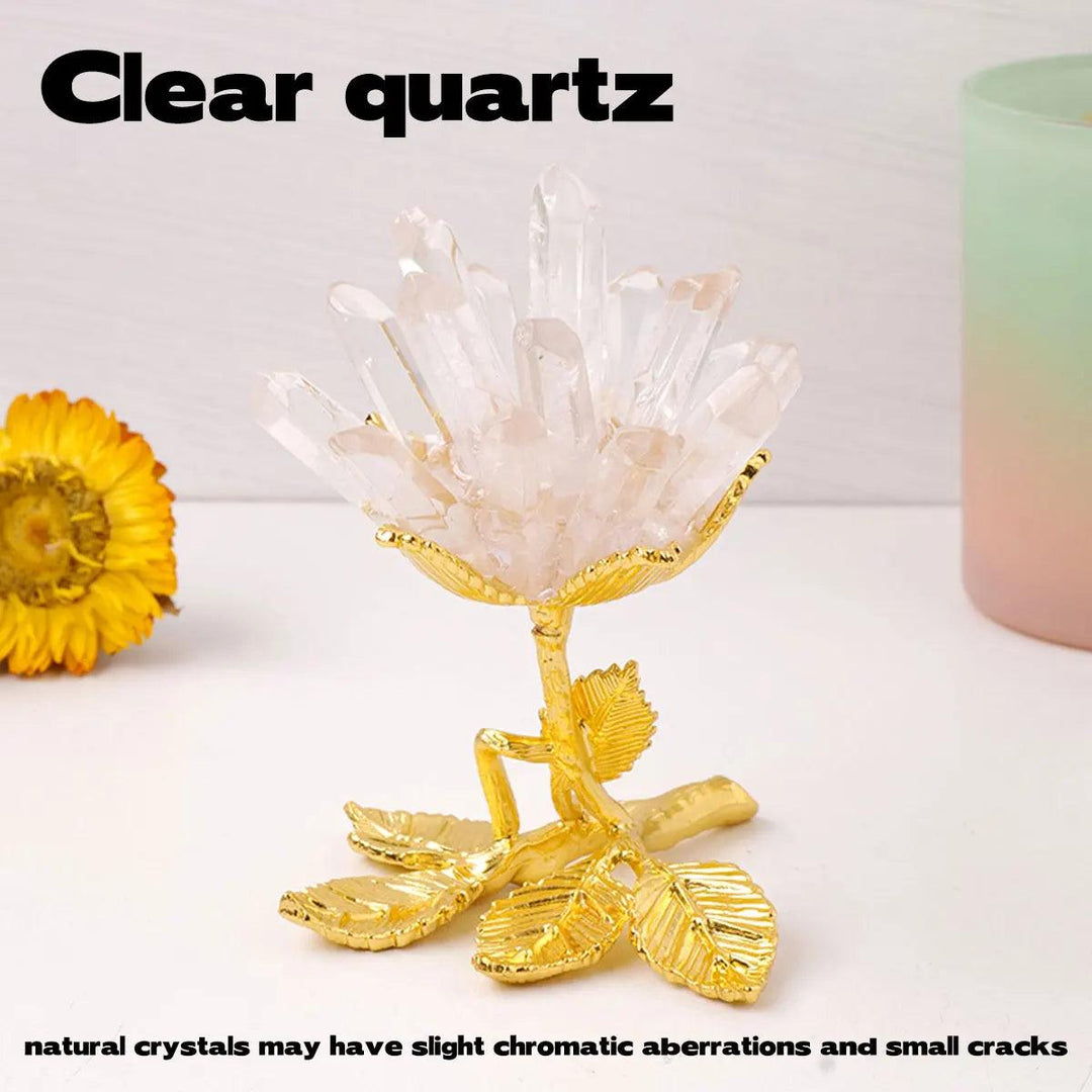 Clear Quartz Crystal Cluster Flower Tree Raw Stone Ornament with golden base, radiating alive energy for healing and manifestation.