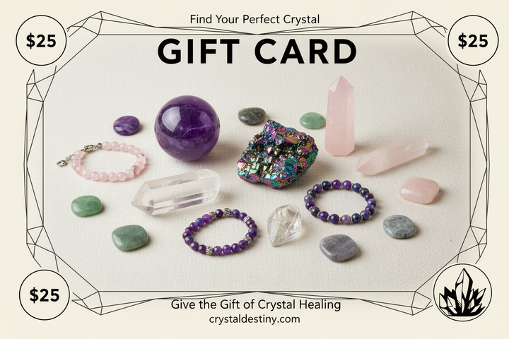 Crystal Destiny Gift Card featuring a collection of amethyst spheres, rose quartz points, and beaded crystal bracelets.