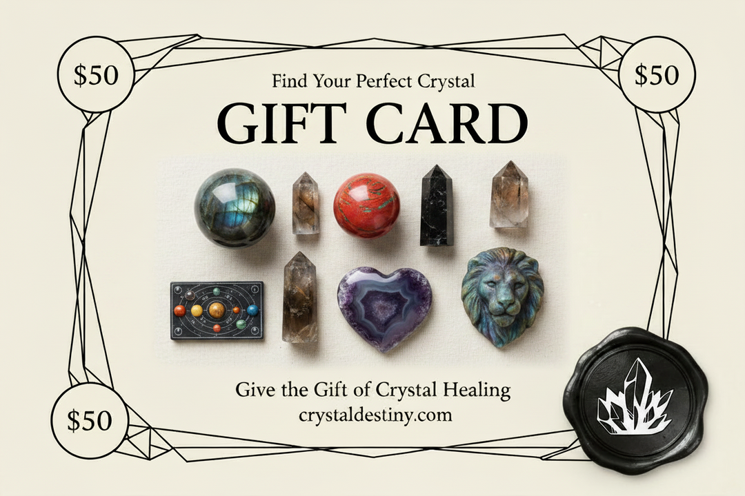 Crystal Destiny Gift Card featuring a collection of healing crystals, including a heart-shaped amethyst and lion carving.