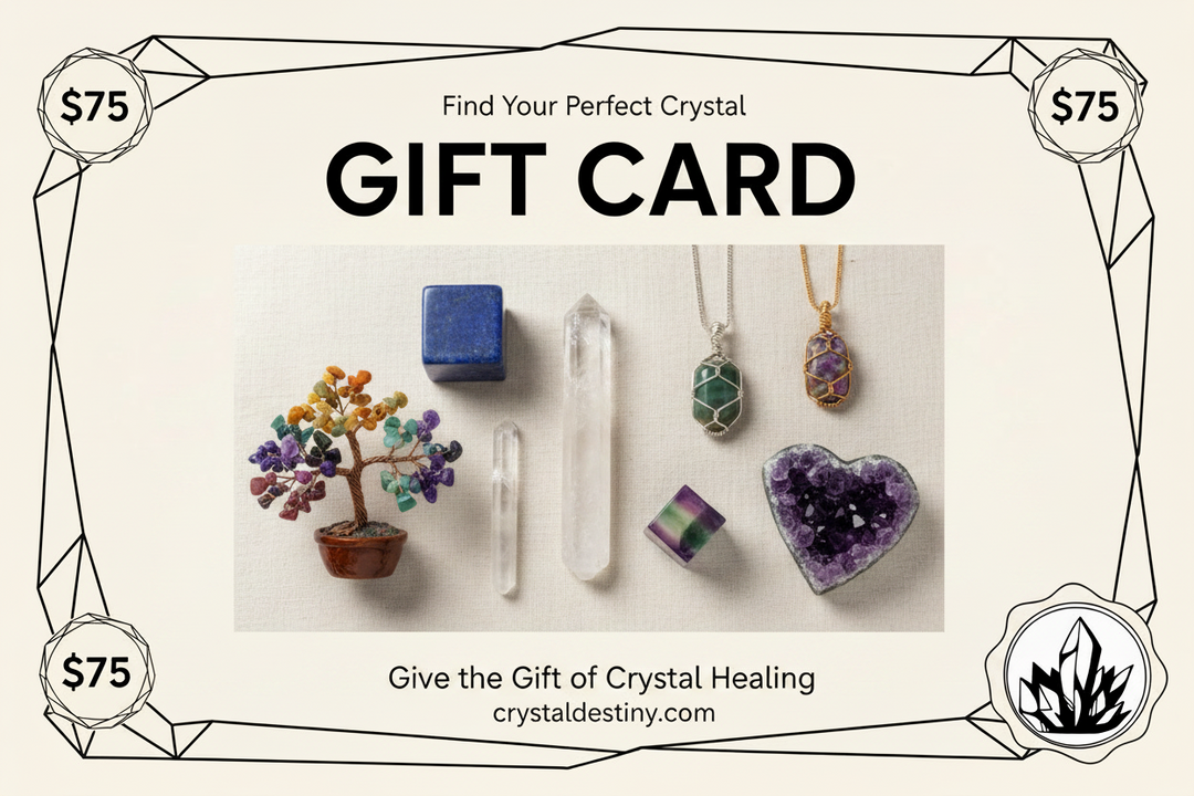 $75 Crystal Destiny Gift Card featuring a chakra tree, clear quartz points, wire-wrapped pendants, and amethyst heart.