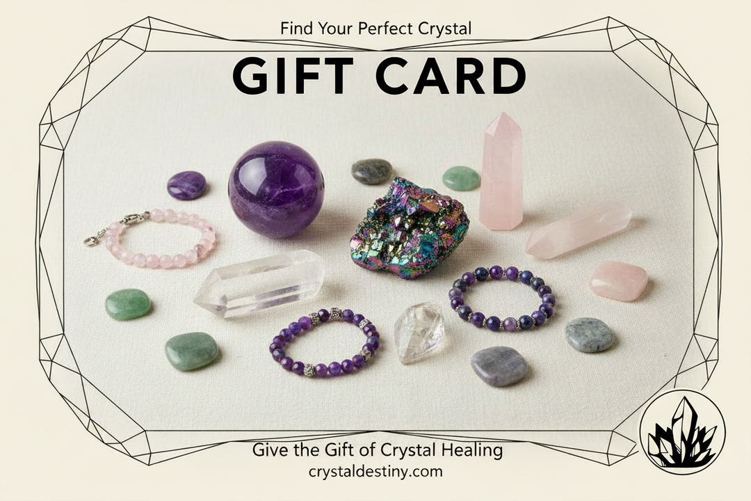 Crystal Destiny Gift Card featuring a collection of amethyst spheres, rose quartz points, and handcrafted crystal bracelets.