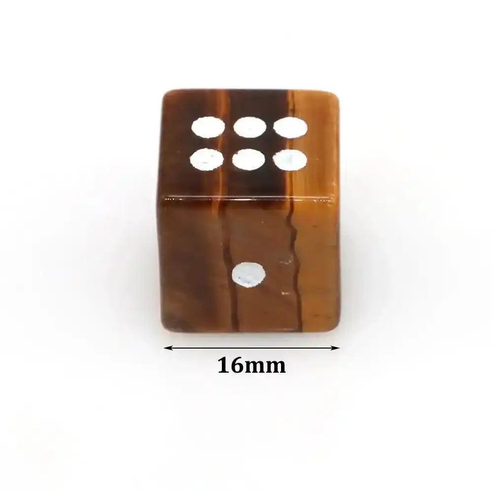 Hand-carved 16mm Tiger Eye Crystal Dice with gold pips, showcasing chatoyant gold and brown hues.