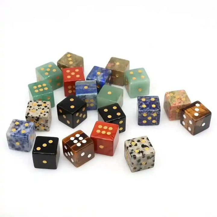 Assorted Crystal Dice Hand-Carved Natural Gemstone, 16mm cubes with gold pips, in various colors and stones.