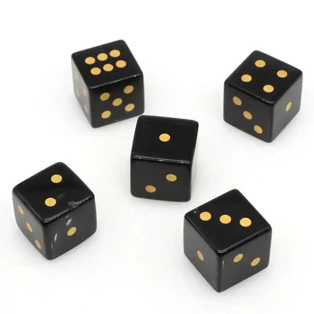 Five protective black Obsidian Crystal Dice, hand-carved 16mm cubes with gold-painted pips.