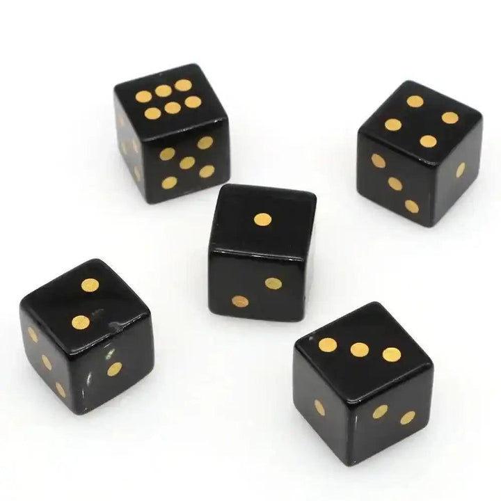 Five protective black Obsidian Crystal Dice, hand-carved 16mm cubes with gold-painted pips.