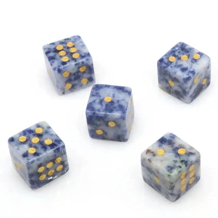Set of five hand-carved Lapis Lazuli Crystal Dice, 16mm cubes with gold-painted pips, for gaming or divination.