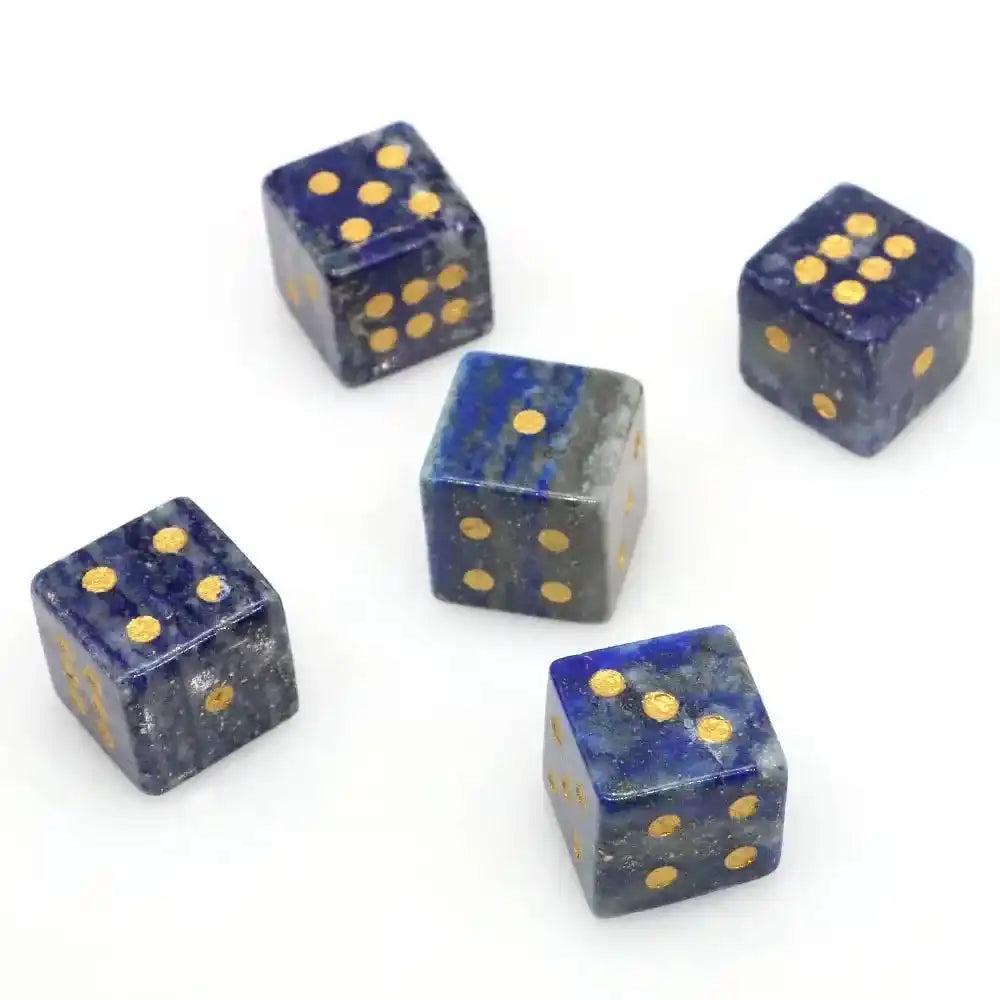 Five 16mm hand-carved Lapis Lazuli Crystal Dice with gold-painted pips, perfect for gaming or divination.