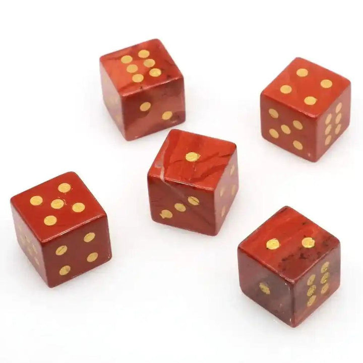 Five hand-carved Red Jasper Crystal Dice, 16mm cubes with gold-painted pips, for gaming or divination.