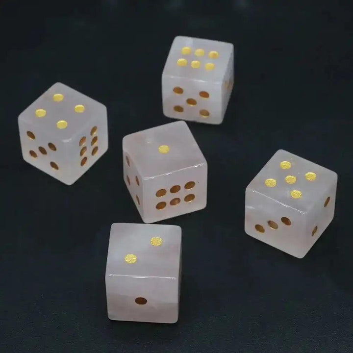 Five hand-carved Rose Quartz Crystal Dice, 16mm, with gold-painted pips, offering soft pink beauty.