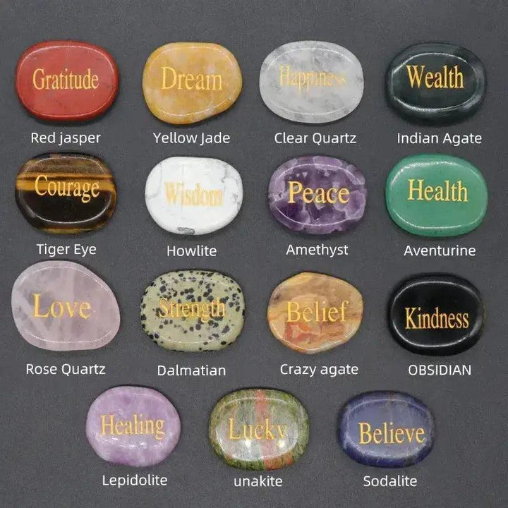 Polished Inspirational Words Crystal Palm Stones: Assorted colorful crystals like Rose Quartz, Amethyst, and Tiger Eye, engraved with uplifting words.