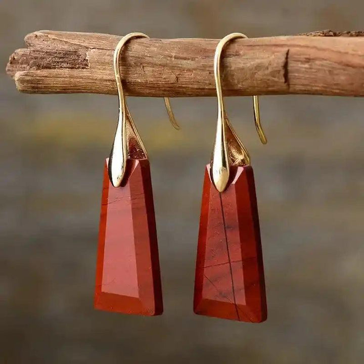 Red Jasper Geometric Dangle Earrings with gold hooks, offering grounding crystal energy and modern style.