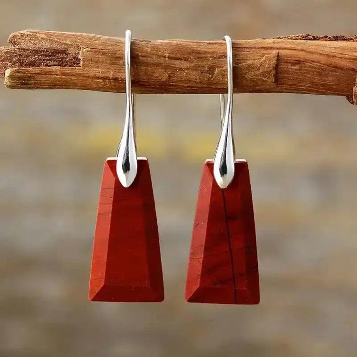 Natural Red Jasper Geometric Dangle Earrings, grounding crystal energy, sleek silver hooks.