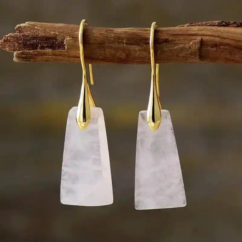 Natural Rose Quartz Geometric Dangle Earrings with gold hooks, offering clarity and timeless crystal energy.
