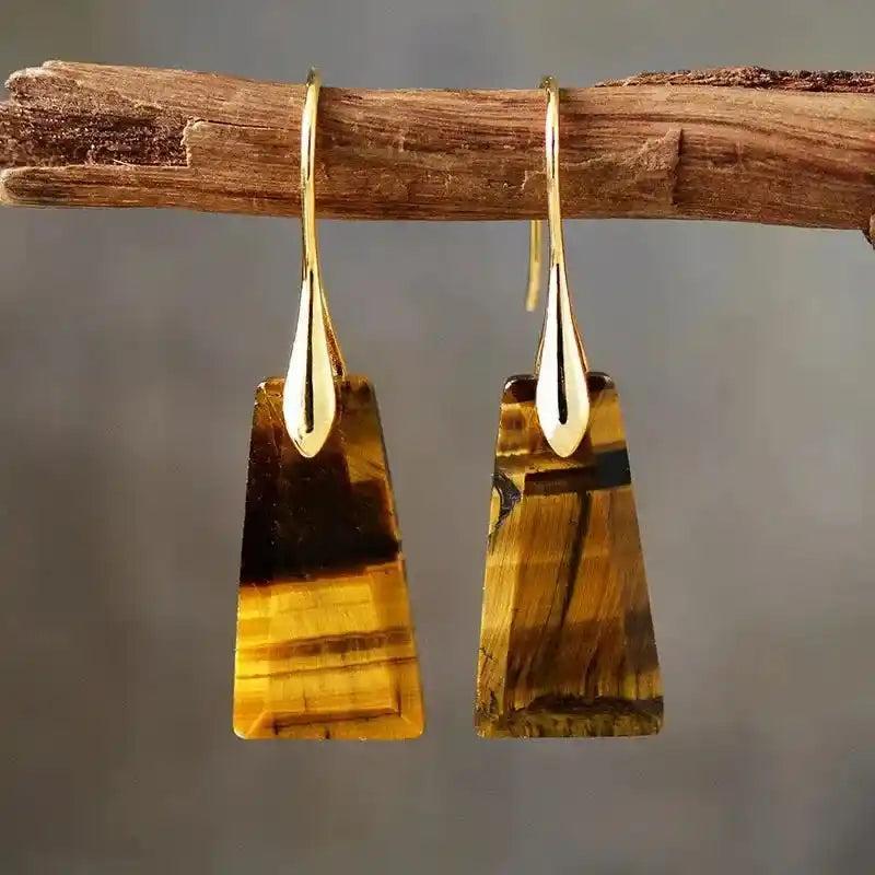 Golden Tiger's Eye Natural Gemstones Geometric Dangle Earrings for grounding, clarity, and protection.