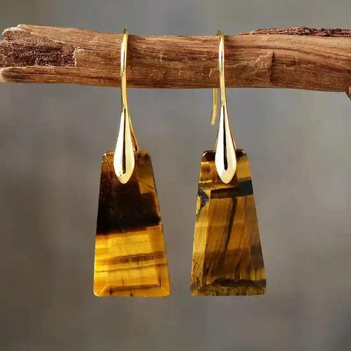 Golden Tiger's Eye Natural Gemstones Geometric Dangle Earrings for grounding, clarity, and protection.