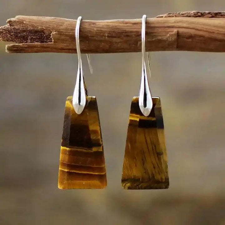 Tiger's Eye Natural Gemstones Geometric Dangle Earrings for grounding and clarity. Sleek silver hooks, brown and gold striped stones.