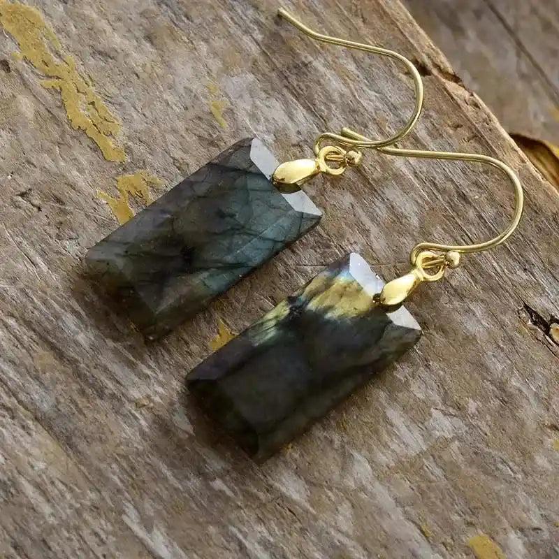 Boho Gemstone Drop Earrings with rectangular labradorite stones and gold-plated hooks, offering protection and clarity.
