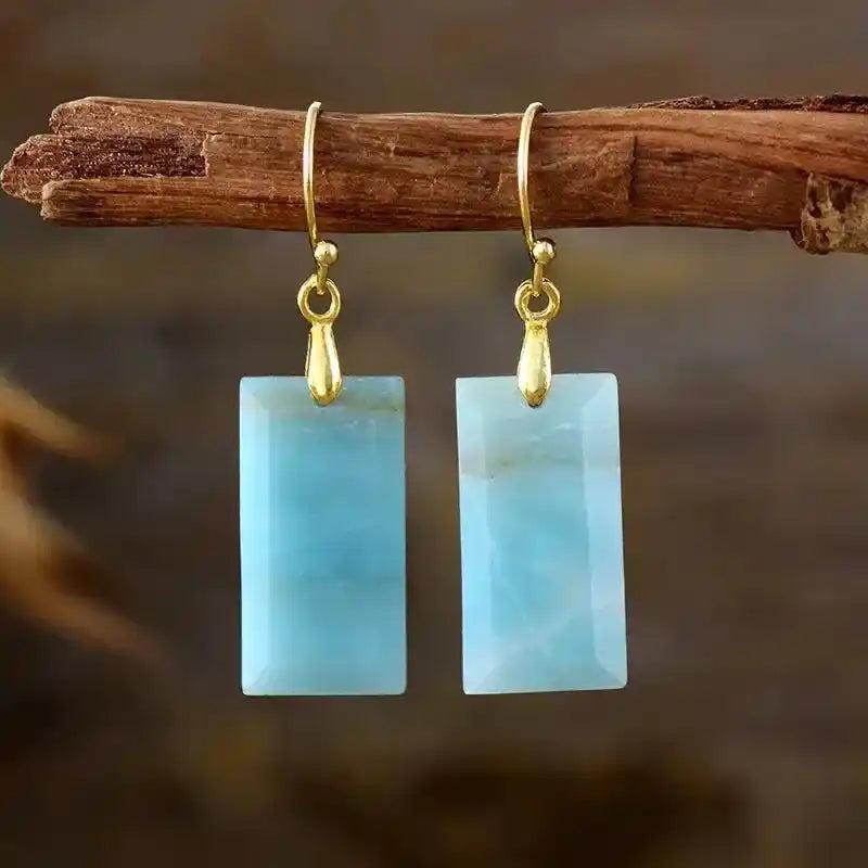Boho Gemstone Drop Earrings with rectangular blue amazonite stones and gold-plated hooks, offering calming energy.