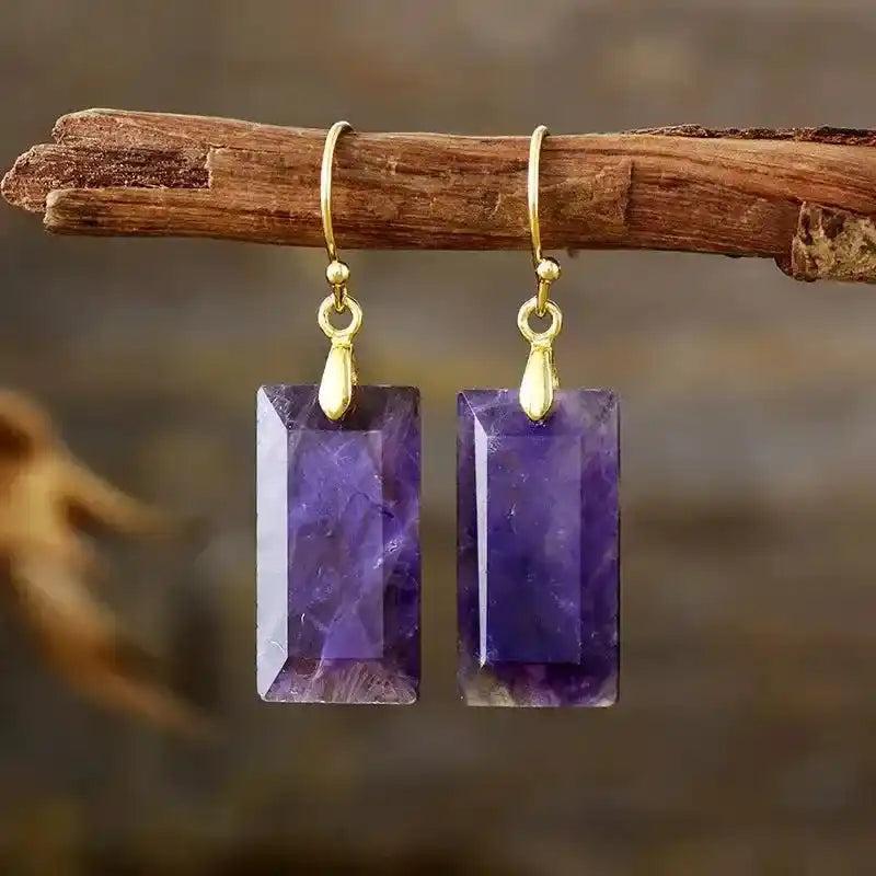 Boho Amethyst Gemstone Drop Earrings: Rectangular purple amethyst stones with gold-plated hooks, offering clarity and style.