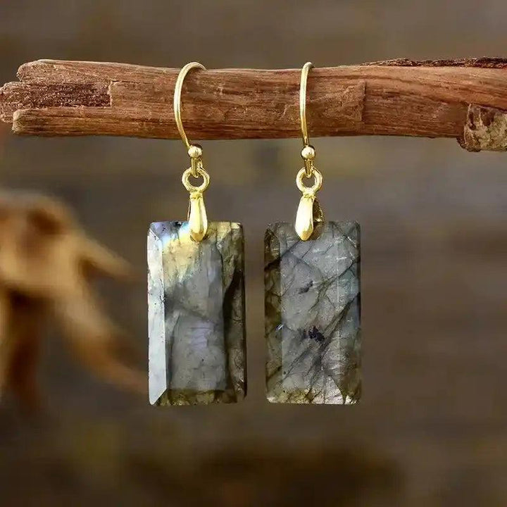 Boho Gemstone Drop Earrings with rectangular labradorite stones and gold-plated hooks, offering protection and clarity.