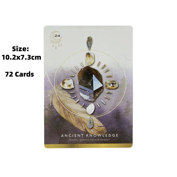 Crystal Grid Oracle Card "Ancient Knowledge" with smoky quartz, feather, and sacred geometry design.