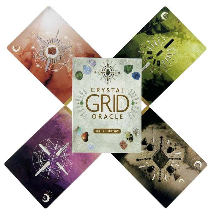 Crystal Grid Oracle Cards: 72-card divination deck with vibrant sacred geometry and crystal artwork.