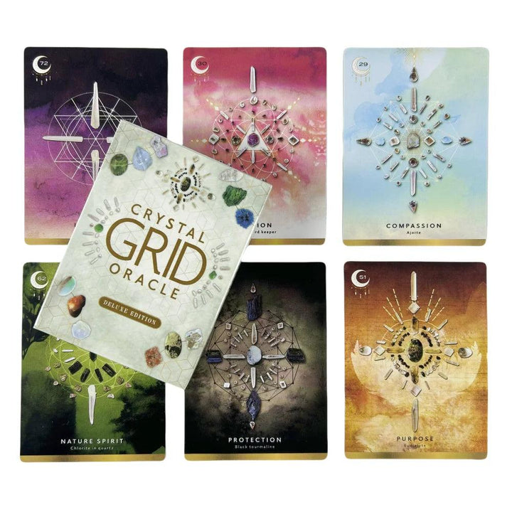 Crystal Grid Oracle Cards Deluxe Edition with vibrant sacred geometry and crystal artwork for divination.