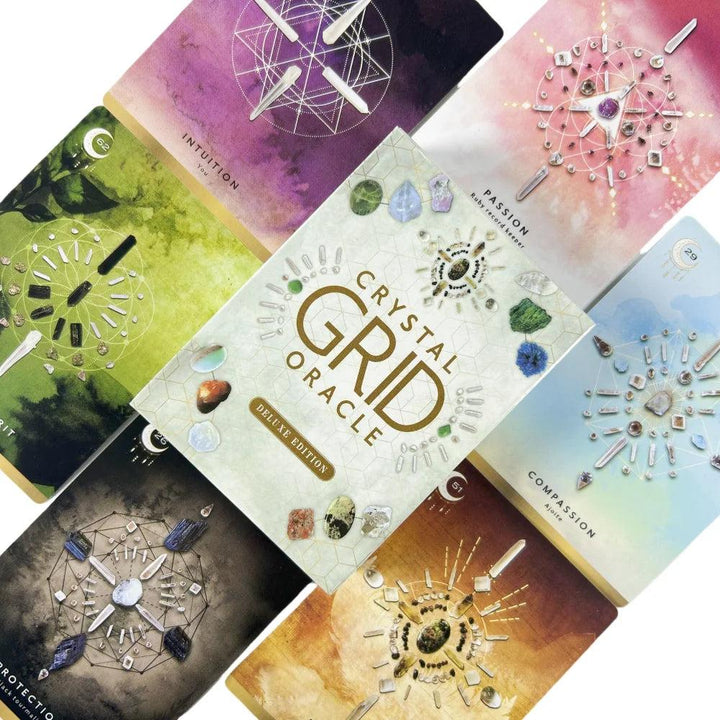 Crystal Grid Oracle Cards Deluxe Edition, a 72-card divination deck with sacred geometry and vibrant crystal artwork.