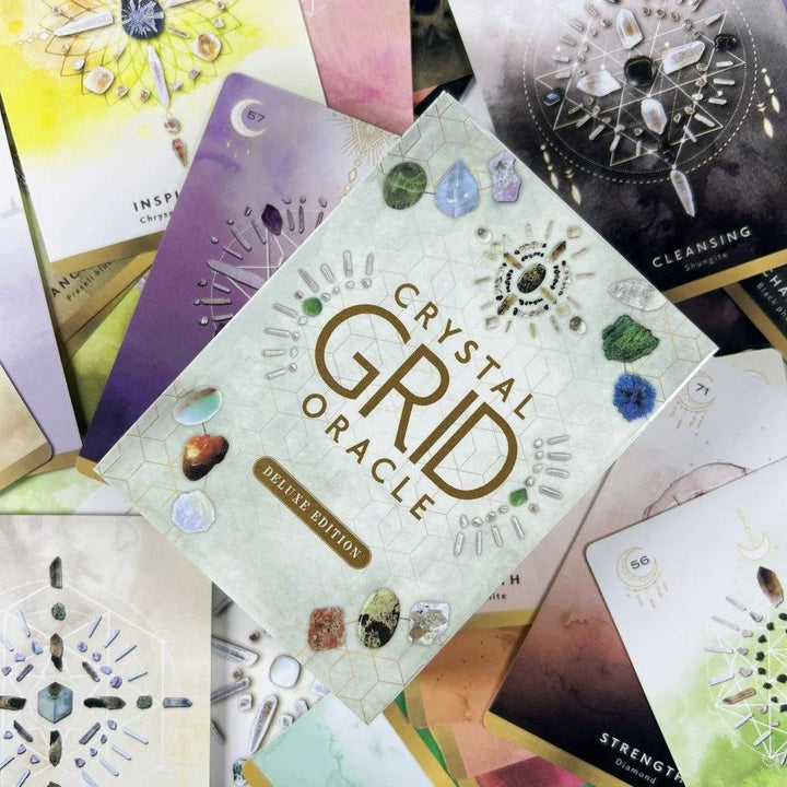 Crystal Grid Oracle Cards Deluxe Edition, a 72-card divination deck with sacred geometry and vibrant crystal artwork.