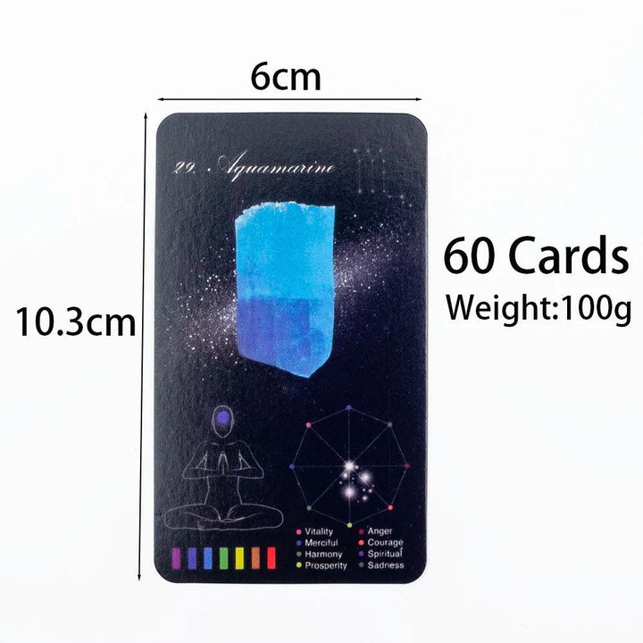 Aquamarine Crystal Healing Oracle Card, 60-card zodiac deck, featuring a vibrant blue aquamarine crystal and spiritual symbols.