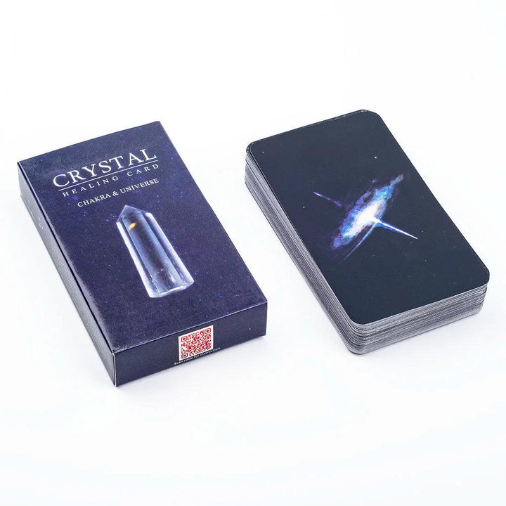 Crystal Healing Oracle Cards 60-Card Zodiac Deck Set with a clear crystal design on a dark blue box.