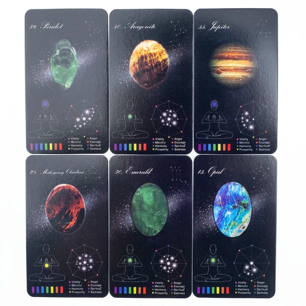 Six Crystal Healing Oracle Cards featuring Peridot, Aragonite, Jupiter, Mahogany Obsidian, Emerald, and Opal designs.