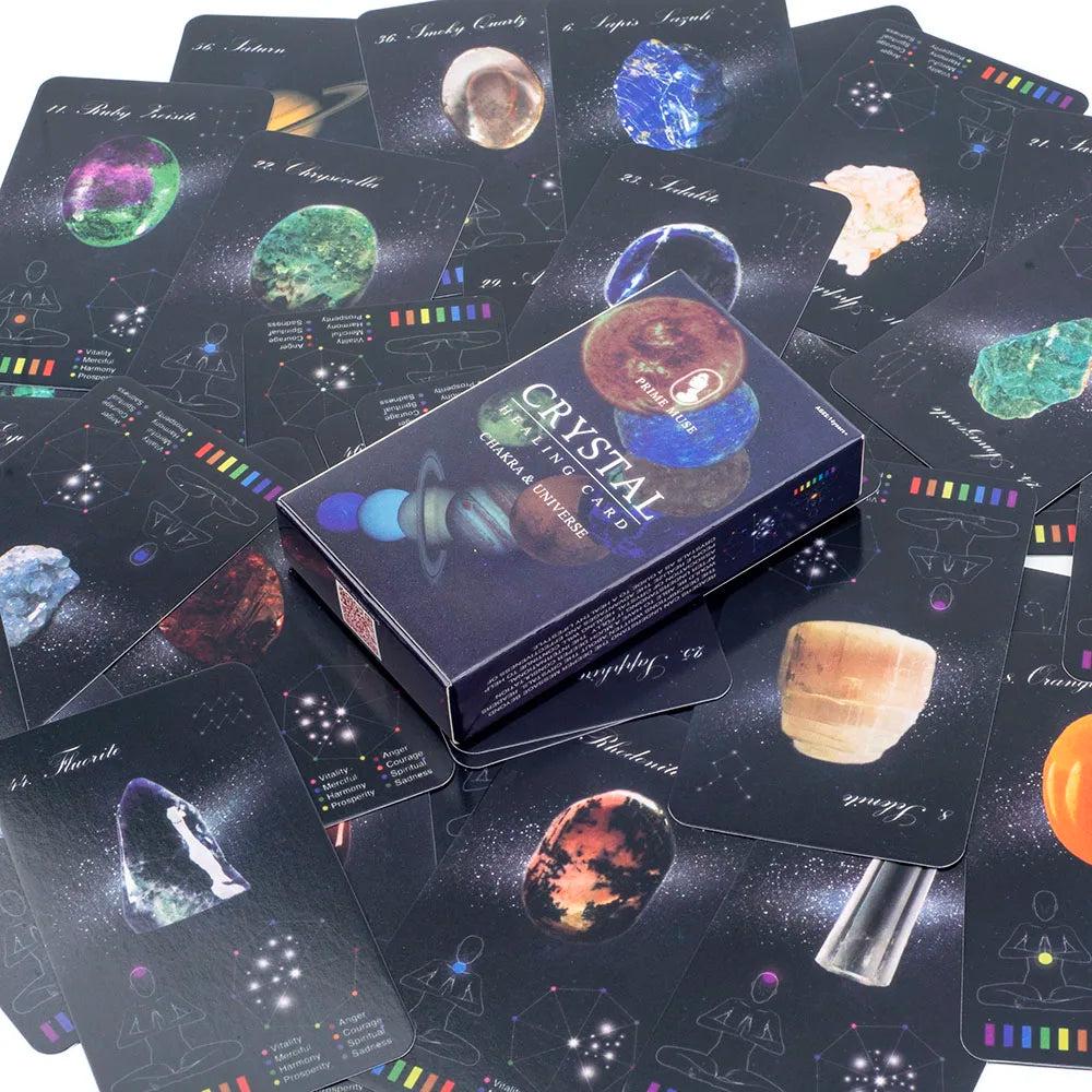 Crystal Healing Oracle Cards: 60-card zodiac deck with vibrant crystal and chakra illustrations.