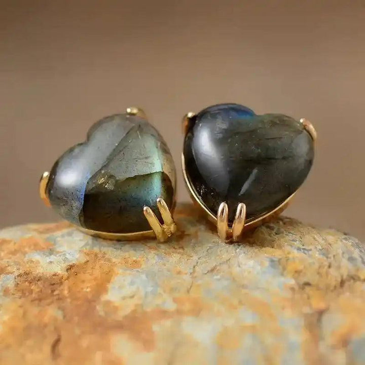 Heart-Shaped Labradorite Gemstone Stud Earrings, showcasing iridescent blue-green flashes in gold-toned settings.