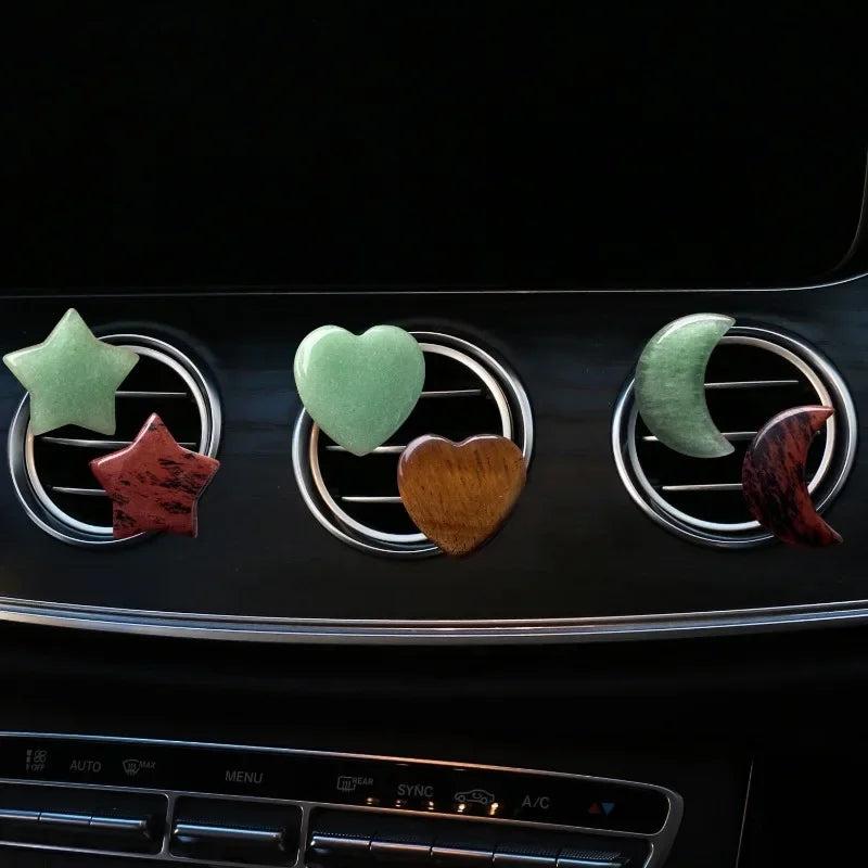 3Pcs/Set Crystal Moon Star Love Car Air Outlet Decor Clips featuring green aventurine and red jasper shapes.
