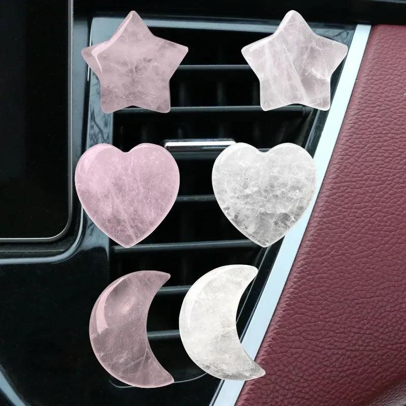 Crystal Moon Star Love Car Air Outlet Decoration Clips in rose quartz and clear, enhancing auto interiors.