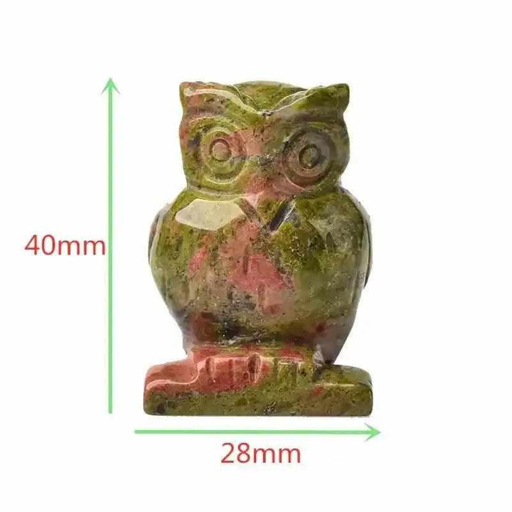 Hand-carved 40mm Unakite crystal owl for balance, featuring a polished green and pink stone design for wisdom and intuition.