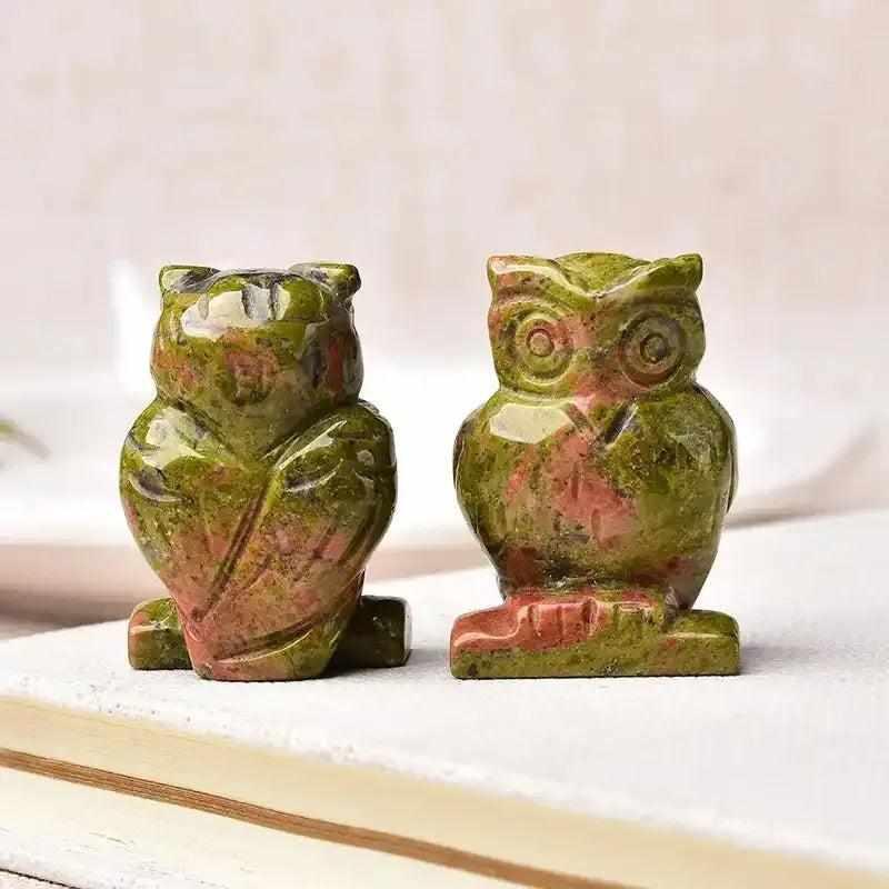 Hand-carved Unakite crystal owl figurine for balance and wisdom, a polished 40mm stone statue for your desk or altar.