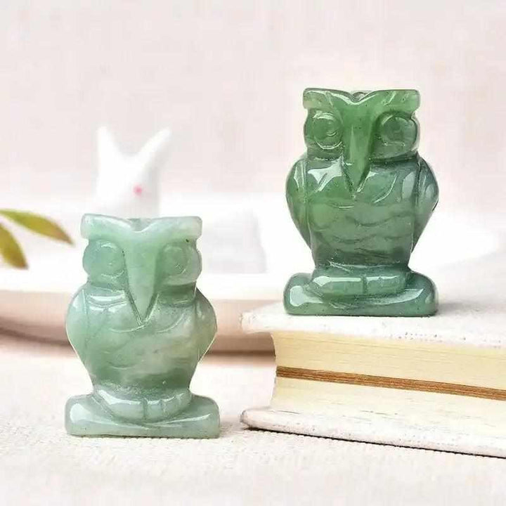 Hand-carved green aventurine owl crystal for wisdom and opportunity, 40mm polished stone figurine for desk decor.