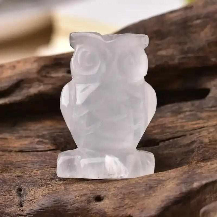 Hand-carved clear quartz owl crystal for clarity, 40mm polished stone figurine for wisdom and desk decor.