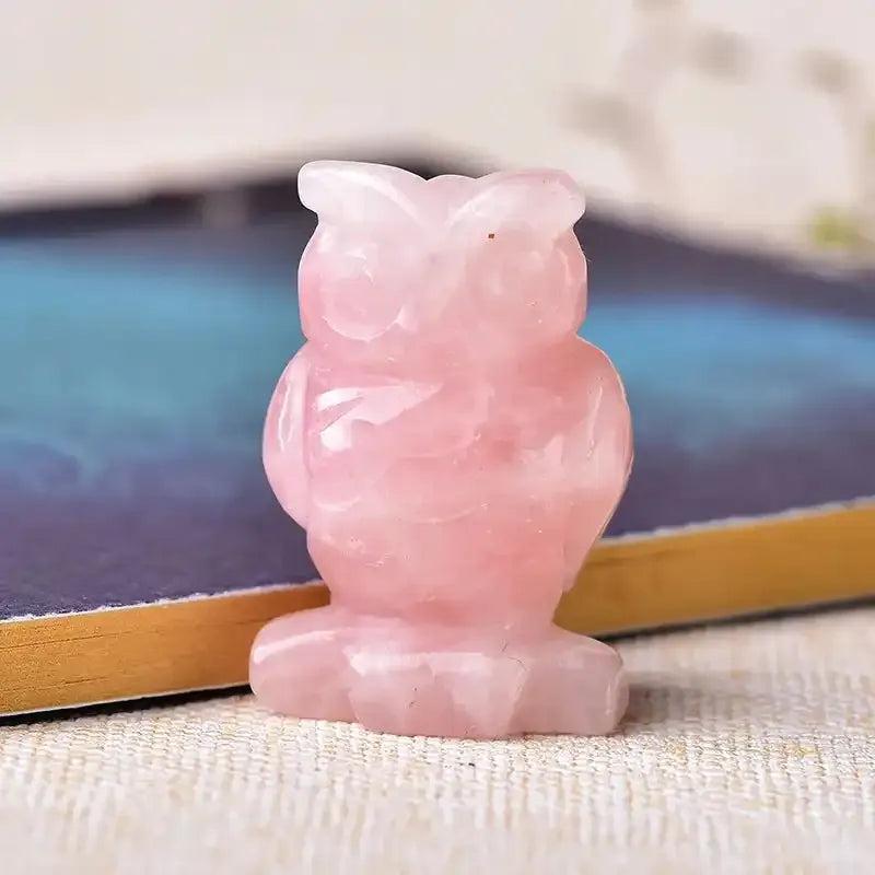 Hand-carved rose quartz owl crystal for love, featuring a polished 40mm design perfect for your desk or altar.