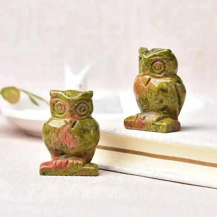 Hand-carved Unakite crystal owl figurine for balance and wisdom, featuring polished green and pink stone details.